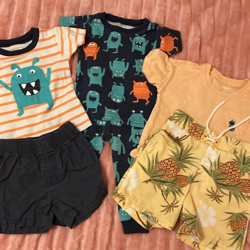 3 Cute Kids' Clothing Sets with Monster and swimmer trunks w/ Pineapple Prints.